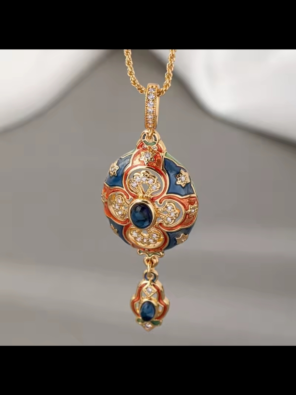 Gold-Tone Blue and Orange Enamel Pendant Necklace - Picture 2 of 6